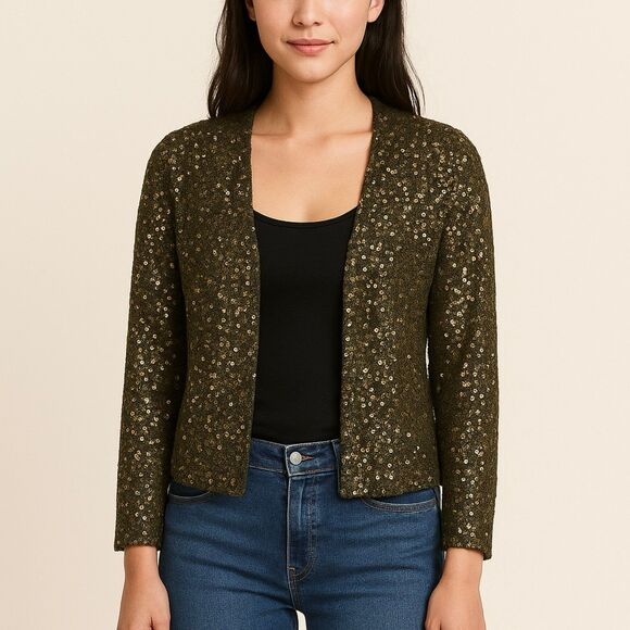 Eileen Fisher silk sequin sparkle cardigan olive green 